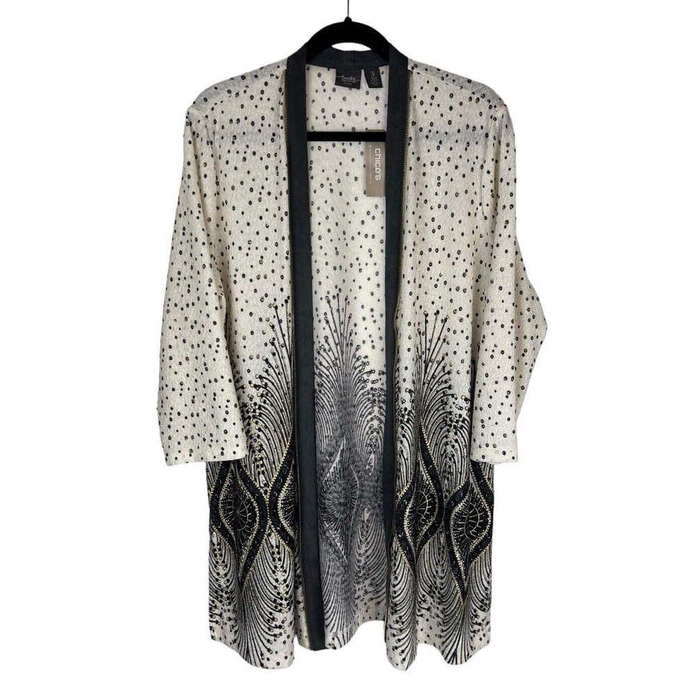 NEW Chicos Travelers Collection Foiled Peacock Jacket Size 3 XL Zipper Metallic